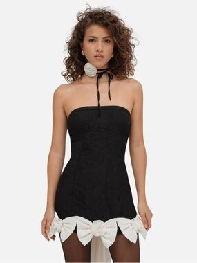 NWOT For Love And Lemons Black Strapless Mini Dress with White Bow Trim